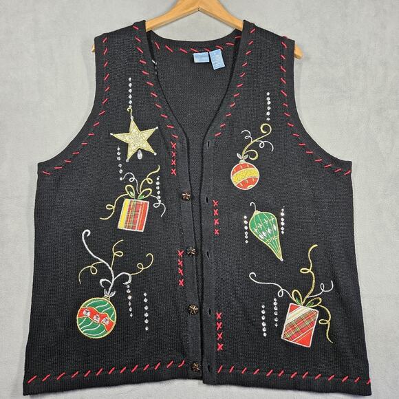 VTG Christmas Sweater Vest Womens 2X Holiday Editions Sequins Presents Ornaments - Picture 1 of 14